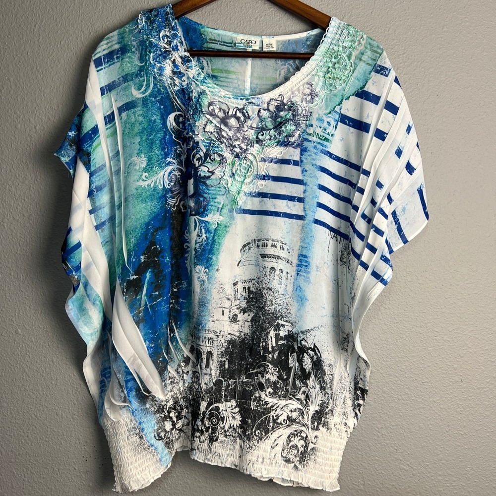 Cato Woman‎ Sheer Blouse Flowy Smocked Waist Dolman SL Blue White Print 14/16W